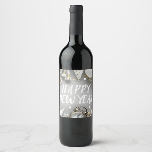 Gold New Year Party New Years Day Clipart Wine Label (Front)