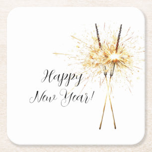 Gold New Year's Eve Day Celebration Sparklers Square Paper Coaster