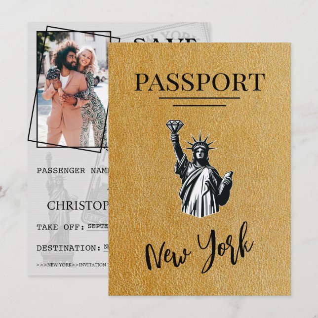 Gold New York City Passport Save The Date (Front/Back)