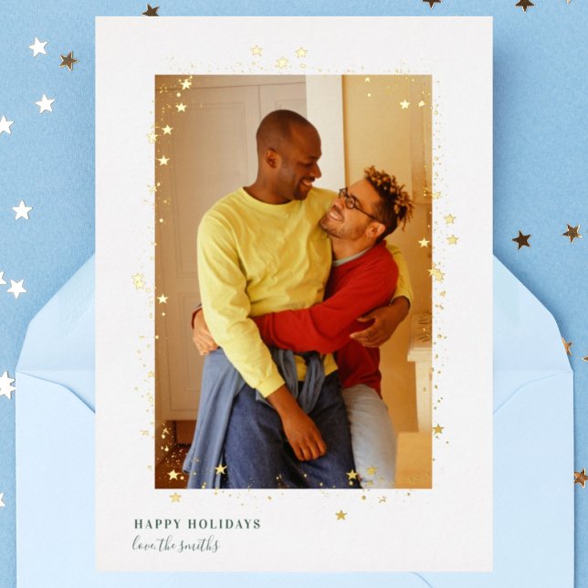 Gold Night Stars Frame Christmas Wedding Photo Foil Holiday Card (Creator Uploaded)