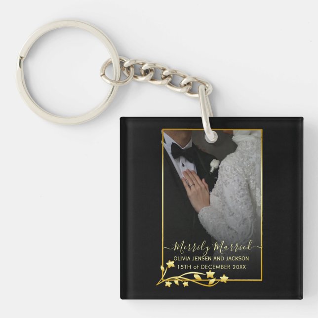 Gold Night Stars Frame Christmas Wedding Photo Key Ring (Front)