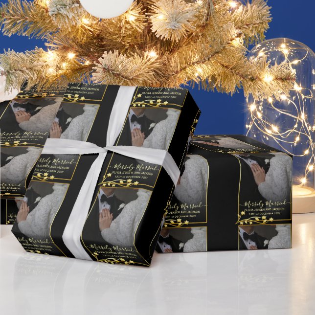 Gold Night Stars Frame Christmas Wedding Photo Wrapping Paper (Holidays)