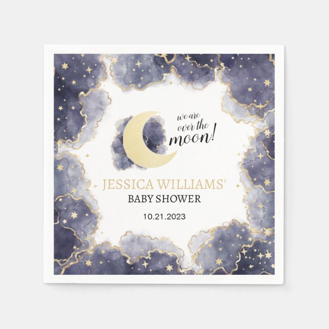 Gold night time moon baby shower paper napkins (Front)