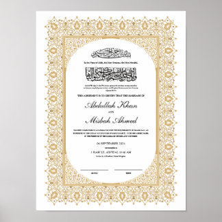 Gold Nikkah Certificate for Muslim Islamic Wedding Poster