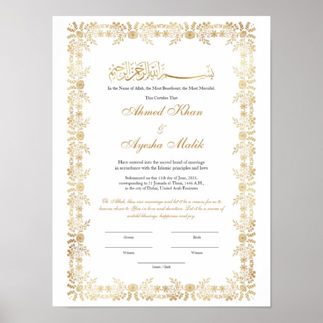 Gold Nikkah Certificate for Muslim Islamic Wedding Poster (Front)