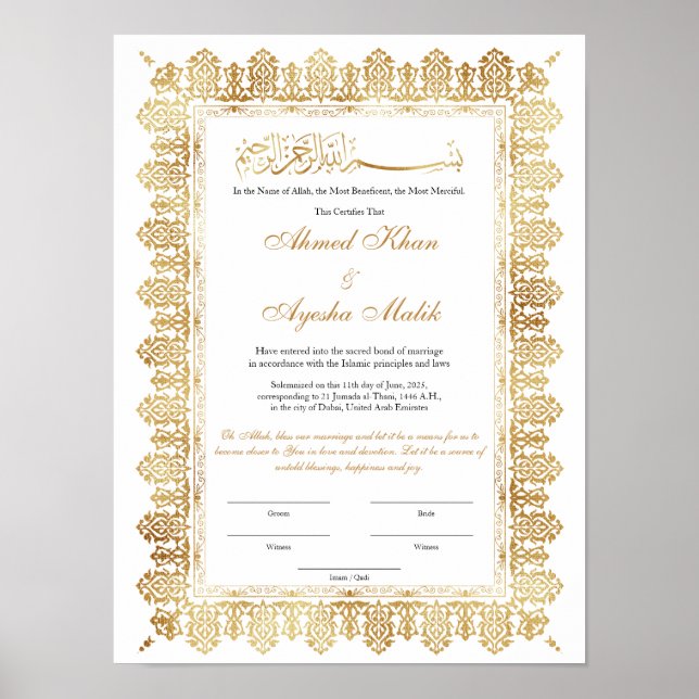 Gold Nikkah Certificate for Muslim Islamic Wedding Poster (Front)