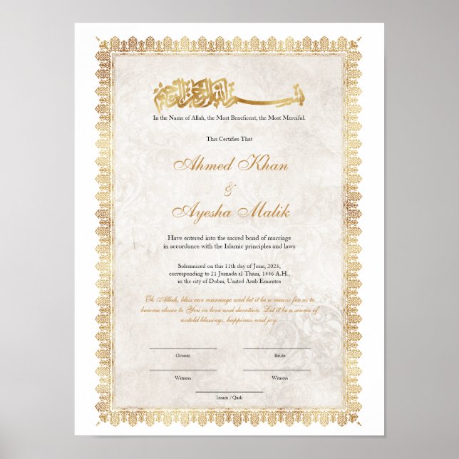 Gold Nikkah Certificate for Muslim Islamic Wedding Poster (Front)