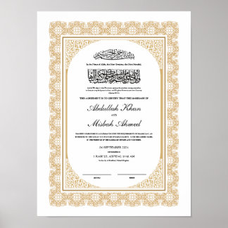 Gold Nikkah Certificate for Muslim Islamic Wedding Poster
