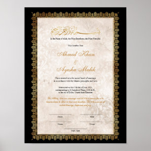 Gold Nikkah Certificate for Muslim Islamic Wedding Poster