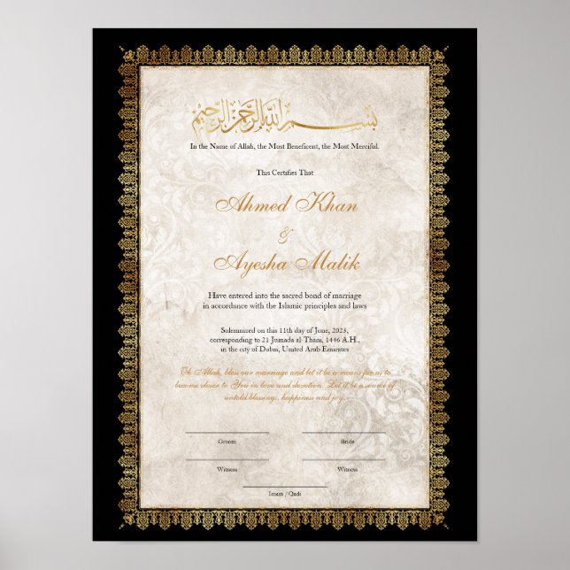 Gold Nikkah Certificate for Muslim Islamic Wedding Poster (Front)