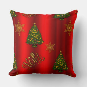 Gold Noel and Christmas Trees Red Cushion