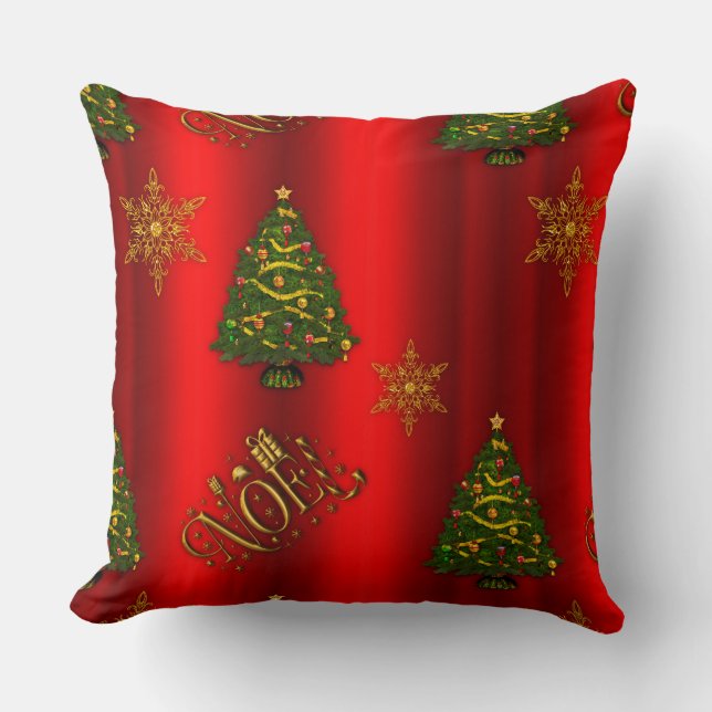 Gold Noel and Christmas Trees Red Cushion (Front)