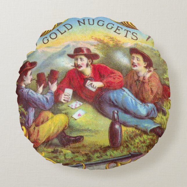 Gold Nuggets: Antique Cigar Label Wild West Art Round Cushion (Front)