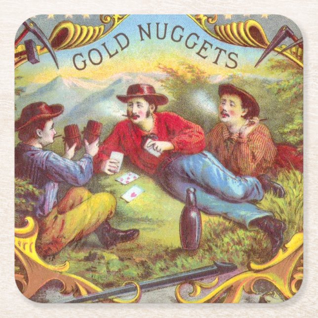 Gold Nuggets: Antique Cigar Label Wild West Art Square Paper Coaster (Front)