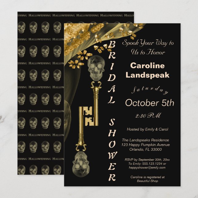 Gold Nuggets & Veil, Skeleton Keys Hallowedding In Invitation (Front/Back)