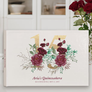 Gold Number 15 Burgundy Royal Roses Quinceanera Guest Book