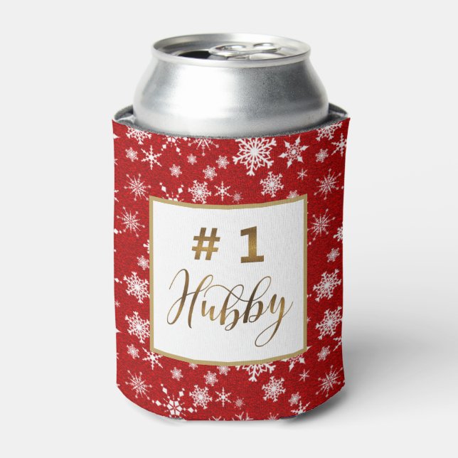 Gold Number 1 Hubby Winter Snowflakes Monogram Can Cooler (Can Front)