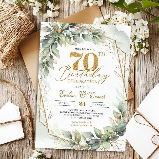 Gold number watercolor eucalyptus 70th birthday invitation (Spring watercolor dusty green eucalyptus and gold 70th birthday invitation digital)