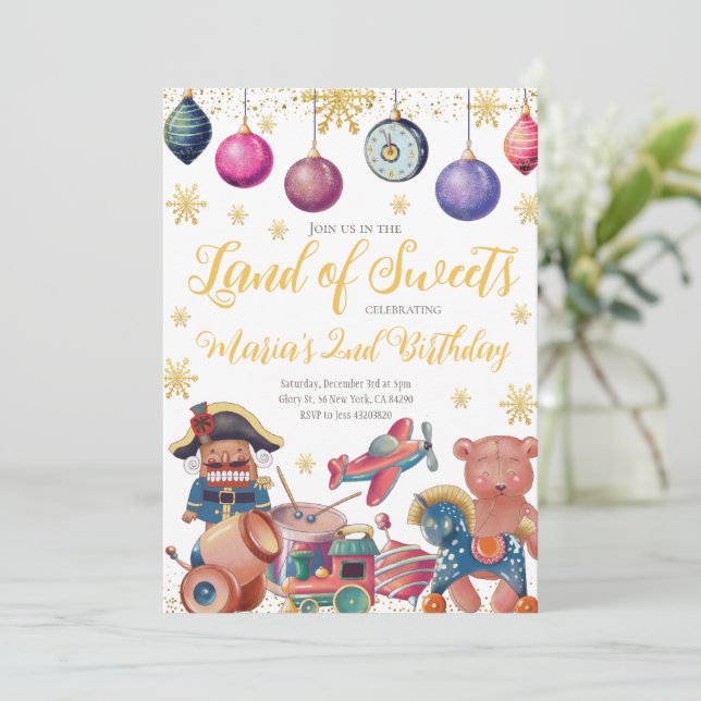 Gold Nutcracker Toys Birthday Invitation (Standing Front)