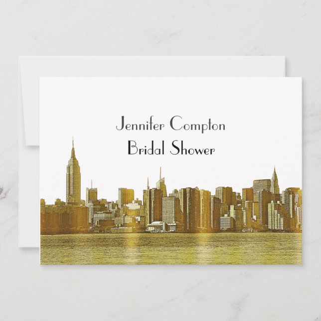 Gold NYC Skyline 01 Etched Wht Bridal Shower Invitation (Front)