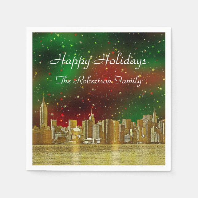 Gold NYC Skyline #1 Christmas Red Green Starry Napkin (Front)