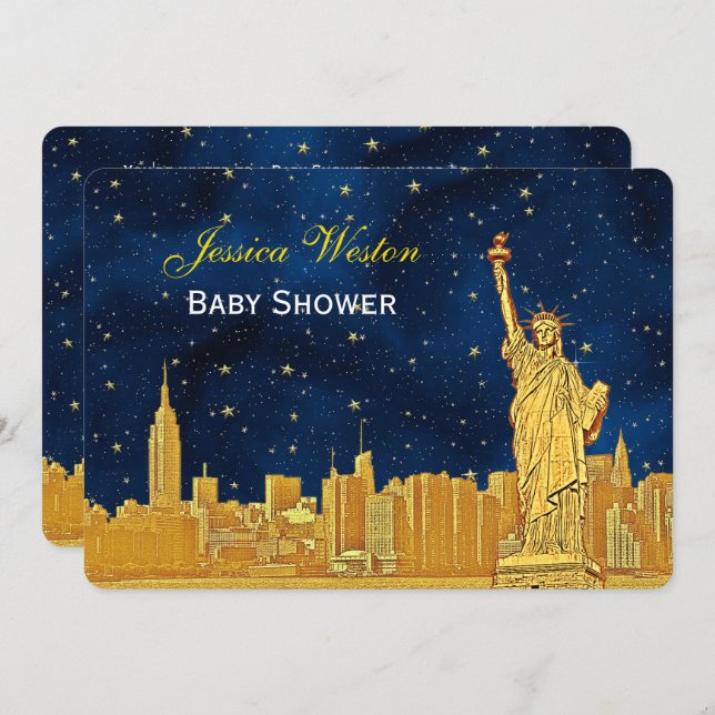 Gold NYC Skyline #2 Blue Starry H Baby Shower Invitation (Front/Back)