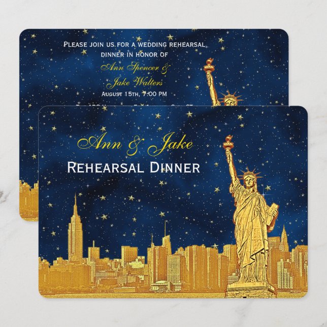 Gold NYC Skyline #2 Blue Starry H Rehearsal Dinner Invitation (Front/Back)