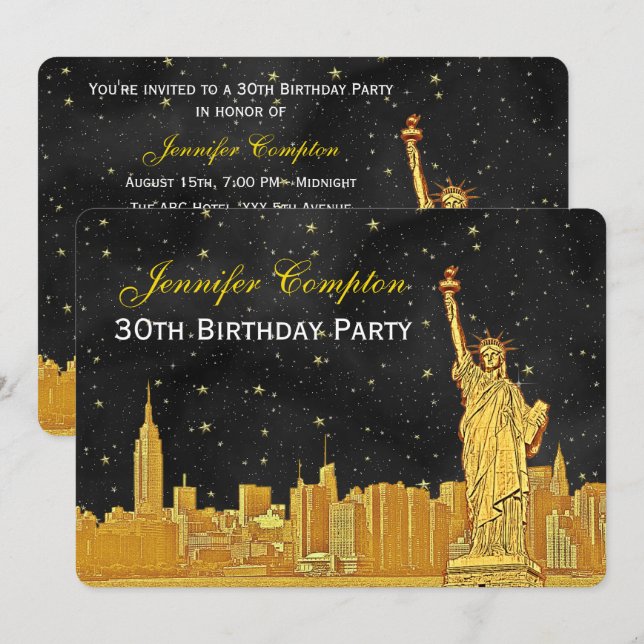 Gold NYC Skyline #2 Etch Blk Starry BG H Birthday Invitation (Front/Back)