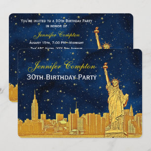 Gold NYC Skyline #2 Etch Blue Starry BG H Birthday Invitation