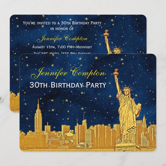Gold NYC Skyline #2 Etch Blue Starry BG H Birthday Invitation (Front/Back)