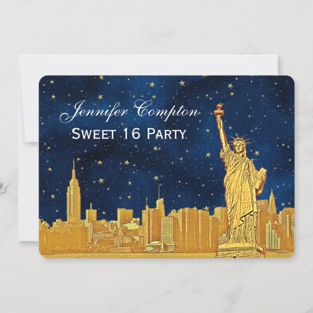 Gold NYC Skyline #2 Etch Blue Starry BG H Sweet 16 Invitation (Front)