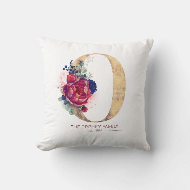 Gold O Monogram Floral Burgundy Red and Navy Blue Cushion (Front)