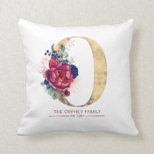 Gold O Monogram Floral Burgundy Red and Navy Blue Cushion