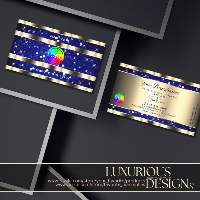 Gold Ocean Blue Glitter Luminous Stars add Logo Business Card (Creator Uploaded)