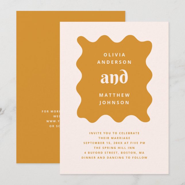 Gold Ochre Modern Wedding | Mustard Wavy + QR Code Invitation (Front/Back)