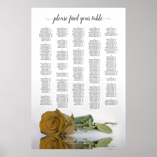 Gold Ochre Rose Alphabetical Wedding Seating Chart (Front)