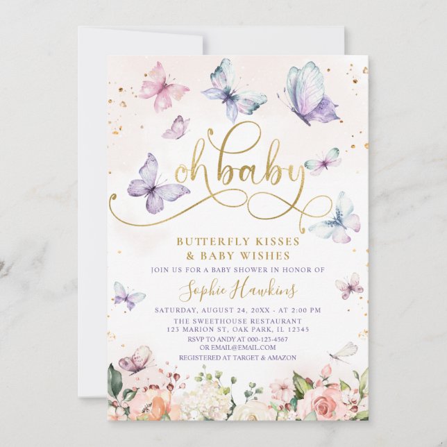 Gold Oh Baby Butterfly Kisses Baby Shower Invitation (Front)