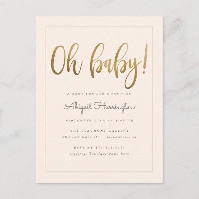Gold Oh Baby Peach Gender Neutral Baby Shower Invitation Postcard (Front)