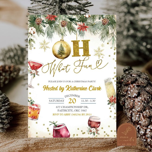 Gold Oh What Fun Christmas Cocktail Holiday Party Invitation (Creator Uploaded)