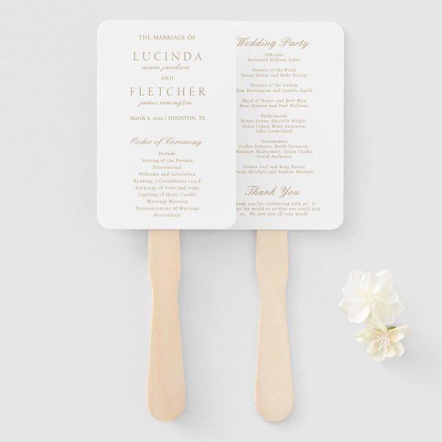 Gold Old Money Elegant Wedding Program Hand Fan (Front and Back)