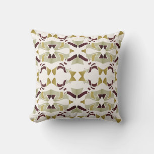 Gold Olive Burgundy Beige on White Large Tiles Cushion