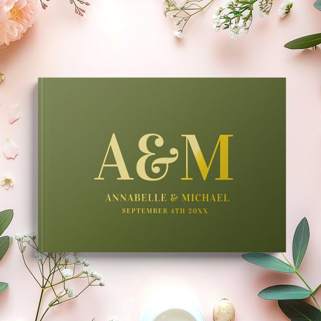GOLD OLIVE GREEN MONOGRAM MINIMALIST WEDDING  GUEST BOOK (Creator Uploaded)
