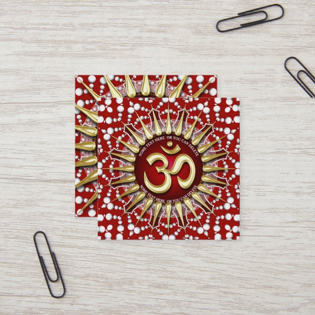 Gold OM Holistic Red White Mandala Square Square Business Card (Front/Back In Situ)