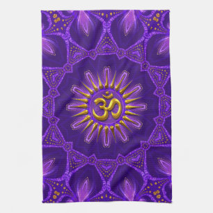 Gold OM Purple Goa Flame Home Decor Tea Towel