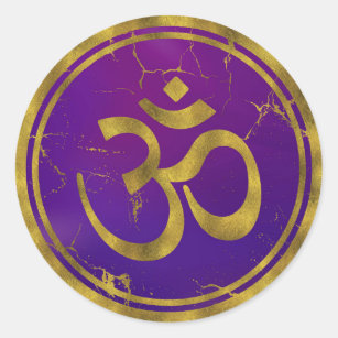 Gold OM symbol - Aum, Omkara  on Purple/Indigo Classic Round Sticker