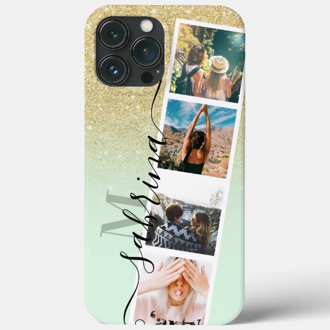gold ombre 4 photo grid collage name mint monogram Case-Mate iPhone case (Back)