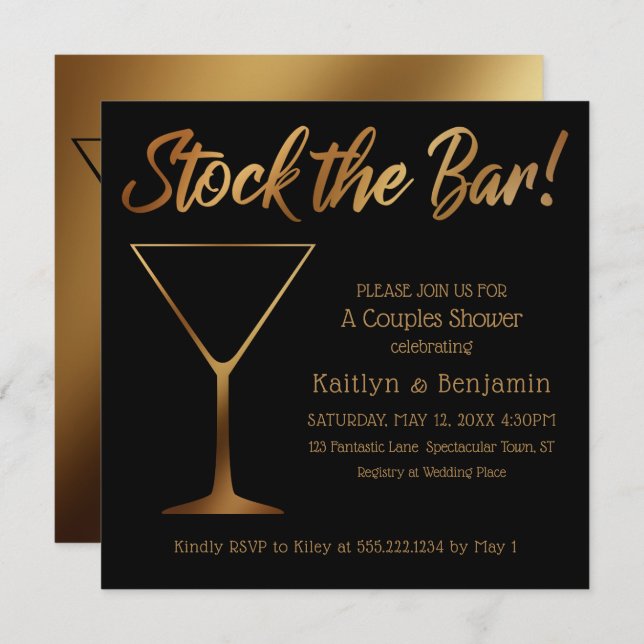Gold Ombre & Black Couples Stock the Bar Shower Invitation (Front/Back)