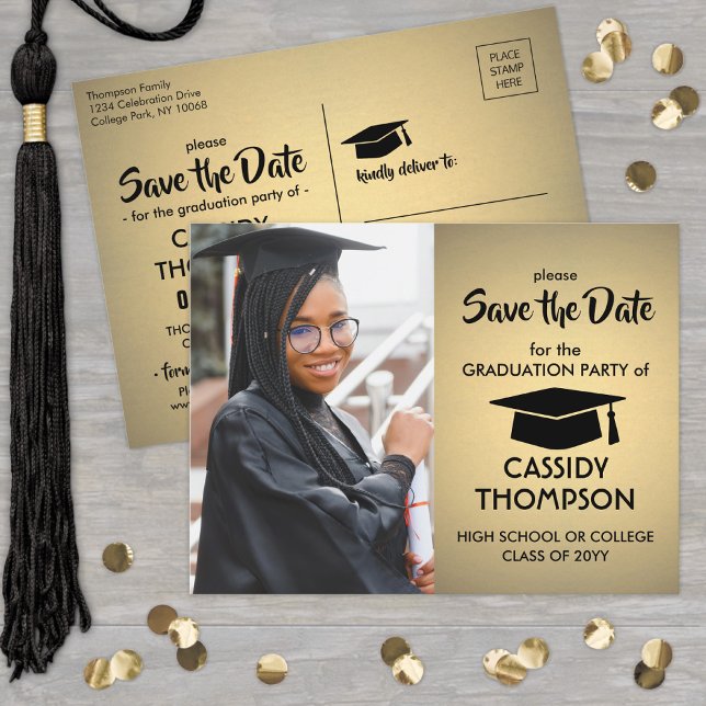 Gold Ombre & Black Graduation Photo Save the Date Postcard (Creator Uploaded)