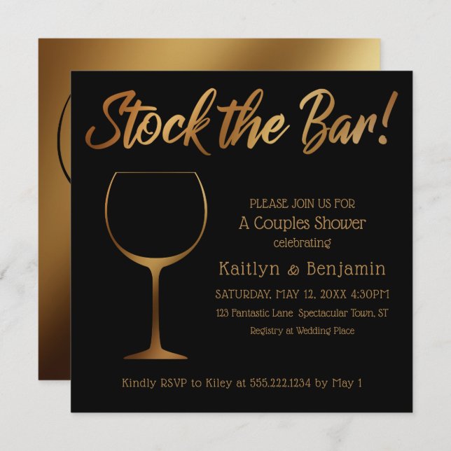 Gold Ombre & Black Stock the Bar Couples Shower Invitation (Front/Back)