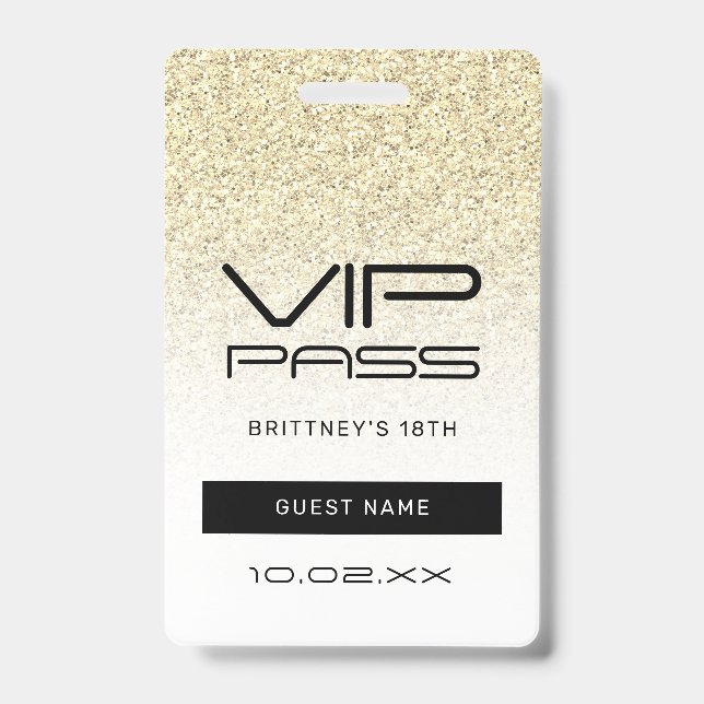 Gold Ombre Glitter Glam VIP Pass 18th Invitation ID Badge (Front)
